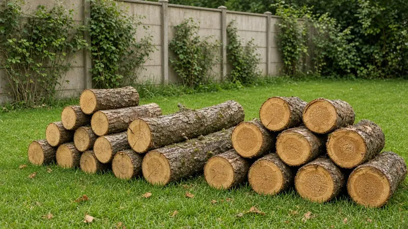 Sturmschaden Baum Solothurn – Gesägte Stammstücke als Holzstapel auf dem Rasen vor einem Gartenzaun