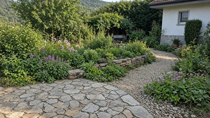 Garten mit Natursteinplatten, Kiesweg, Stauden und niedriger Natursteinmauer