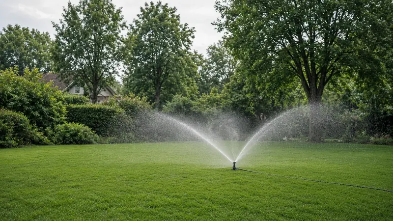 Gemähter Rasen mit laufendem Sprinkler, im Hintergrund Bäume und ein Haus