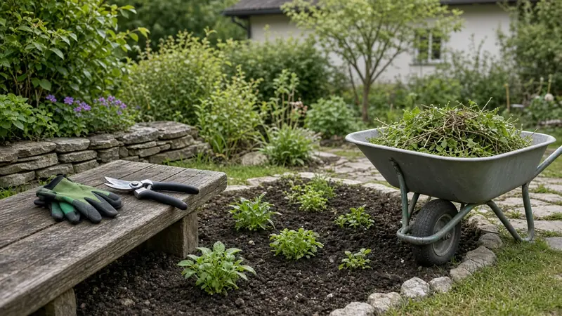 Beet mit Jungpflanzen, Schubkarre voll Schnittgut, Gartenschere und Handschuhe auf einer Holzbank